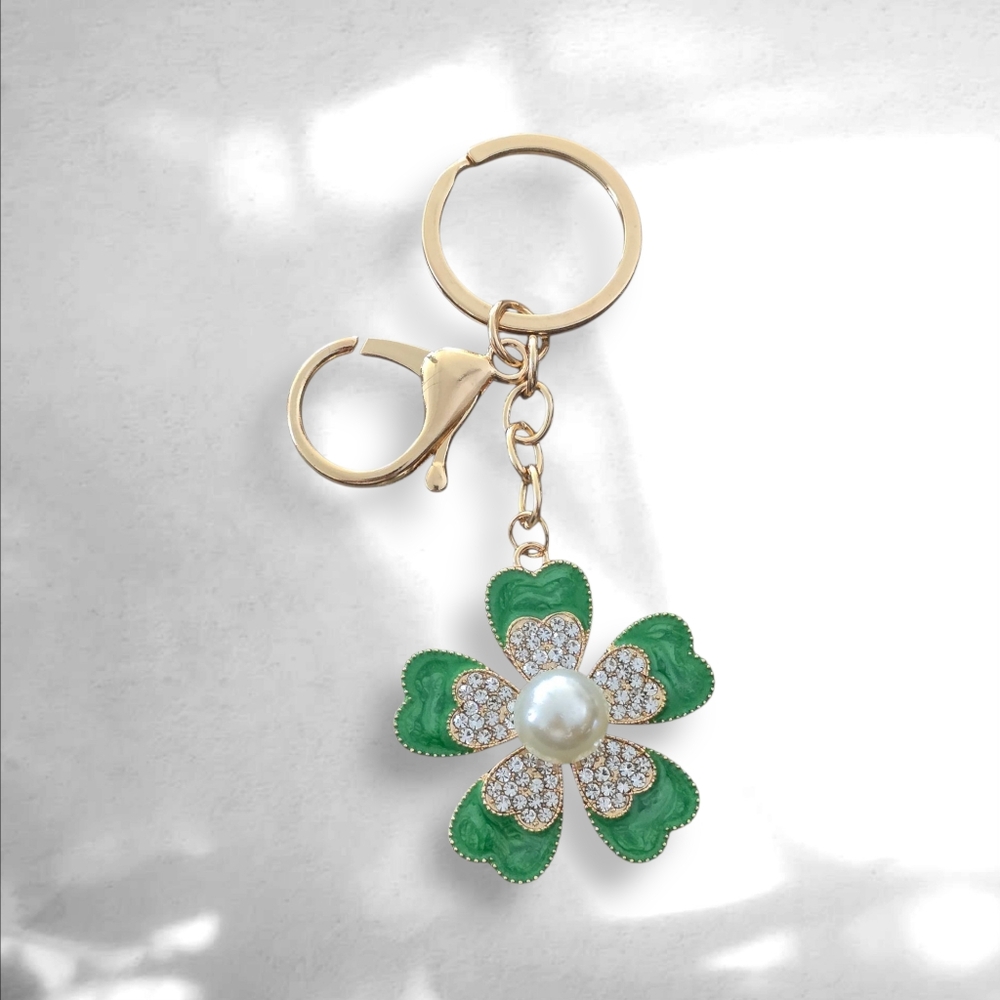 Elegant Green Clover Keychain/Purse Charm with Pearl Accent